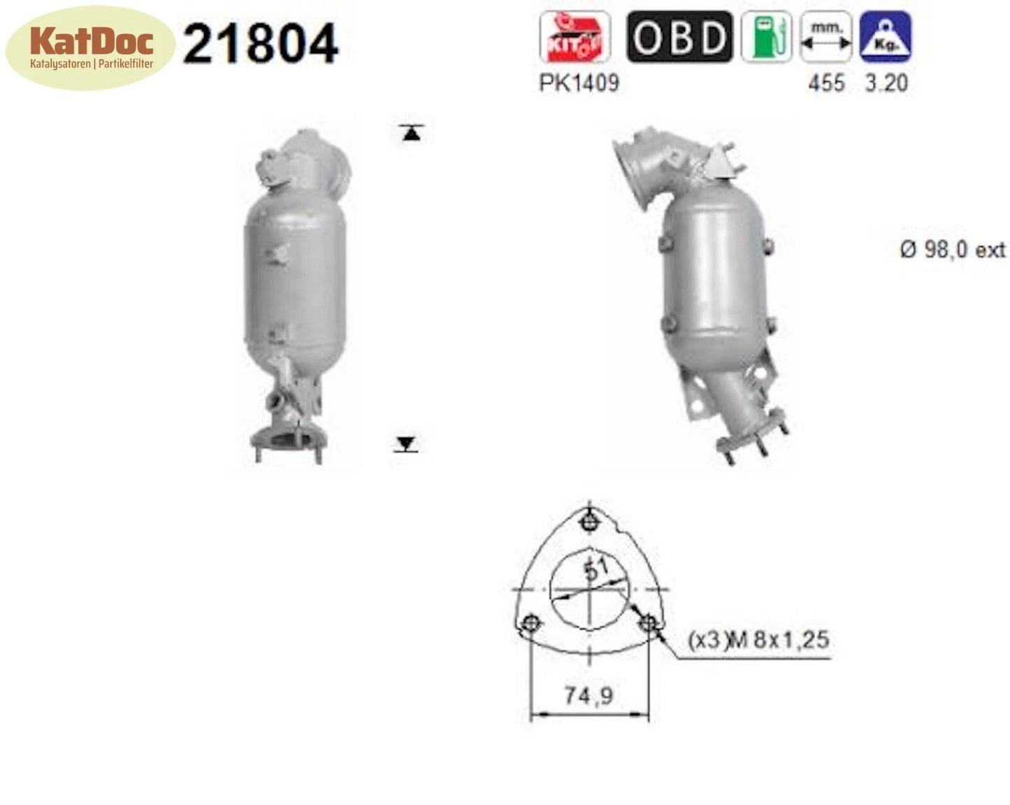 Katalysator für Opel Adam, Astra K, Corsa E, 1.0 66/77/85kW, Euro 6